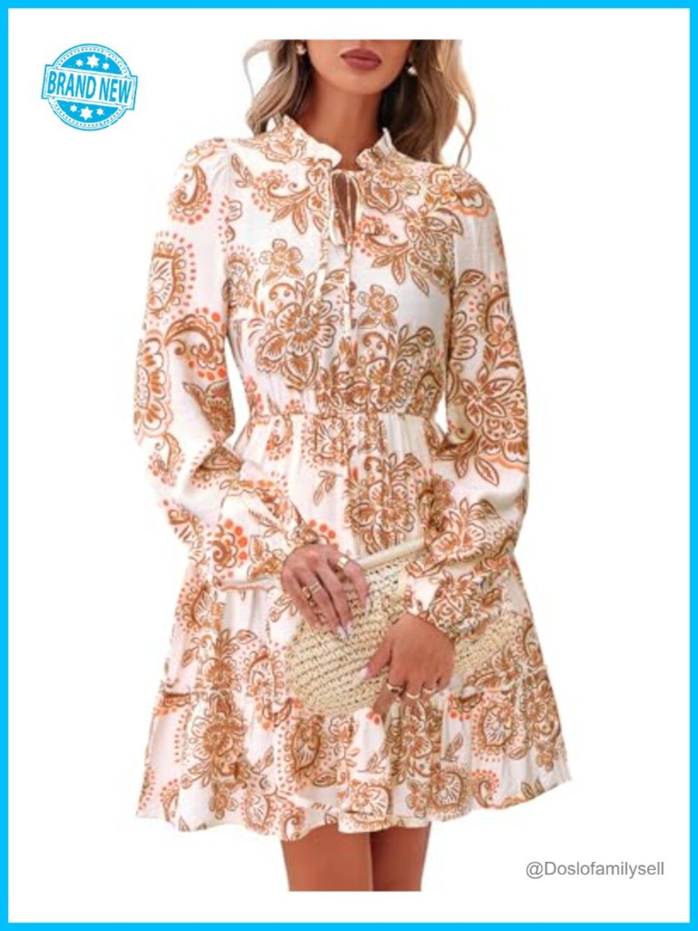 Women Floral Long Sleeve Mini Boho Dress V Neck A-Line Fit Flare